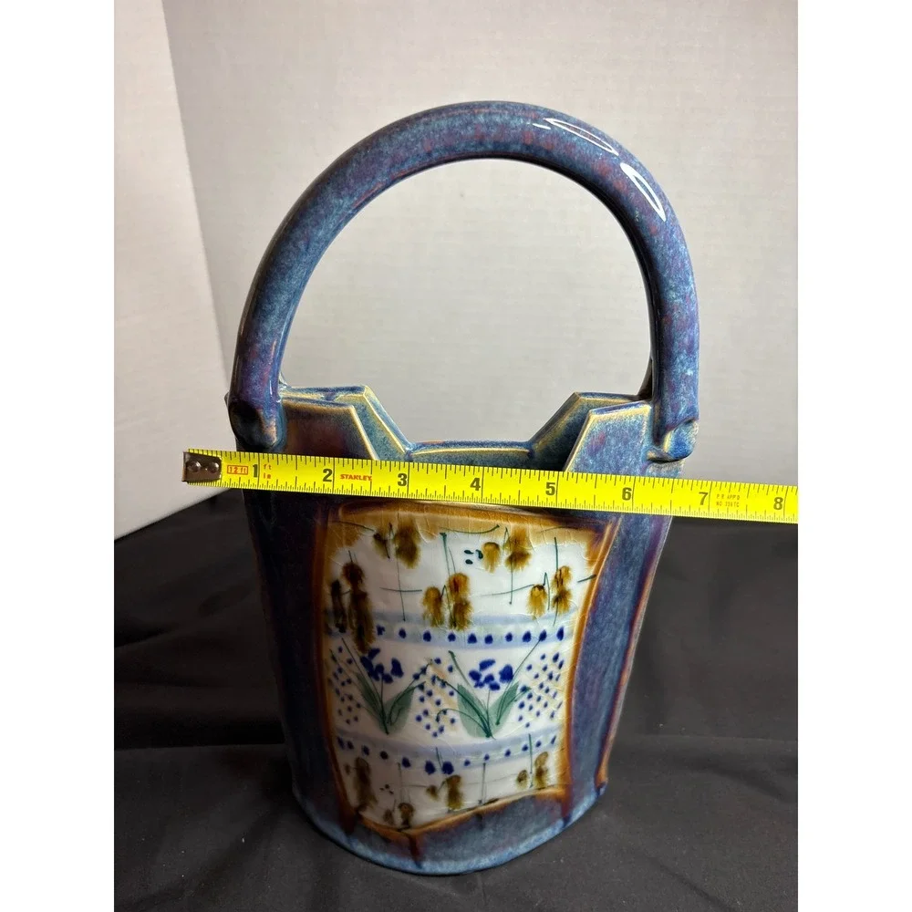 Handcrafted Ceramic Vase with Handle, Flower‎ Design Pottery Decor Accent